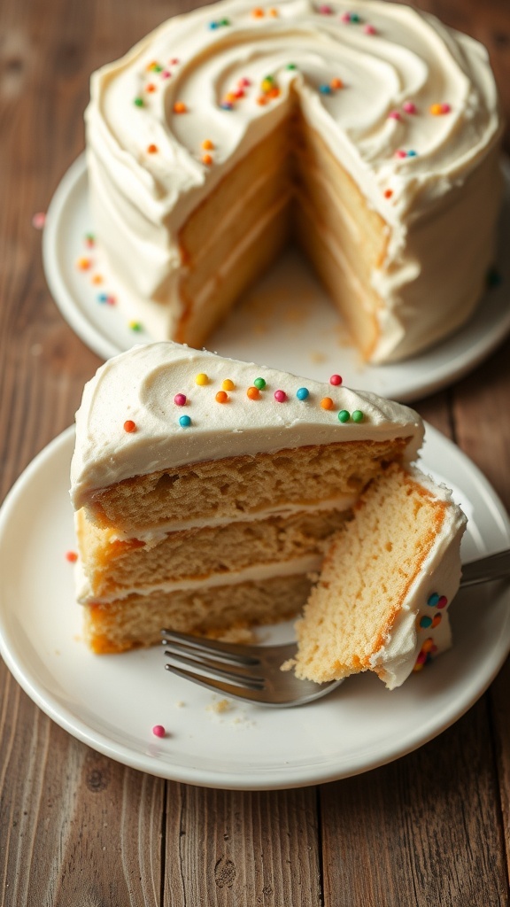 Simple Flour Frosting Recipe A two-layer cake with smooth flour frosting and colorful sprinkles on a rustic table.